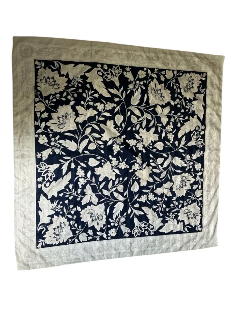 Floral Square Scarf in Navy and Ivory